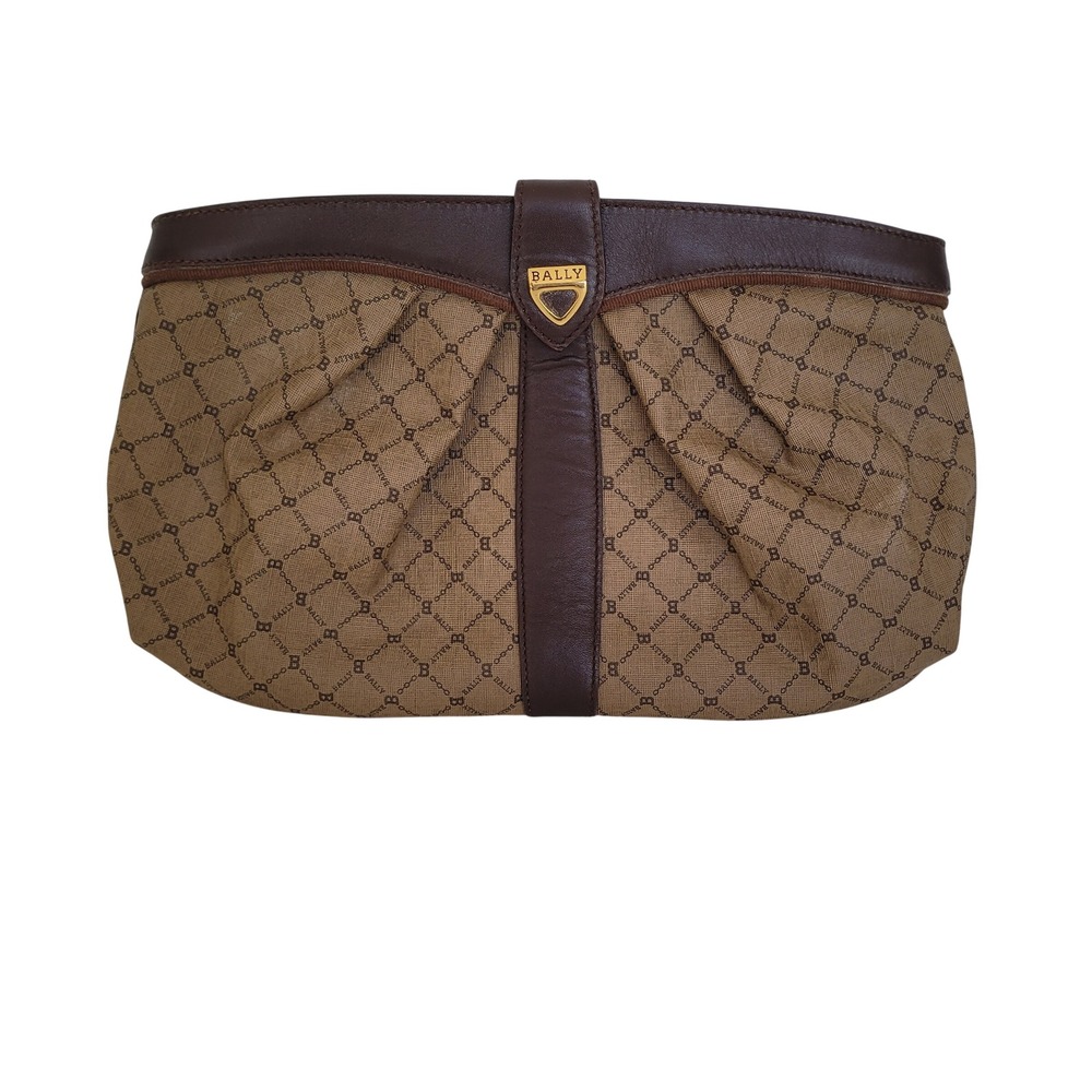 Bally Vintage Brown Monogram Canvas Leather Trim Clutch Bag Made in Italy